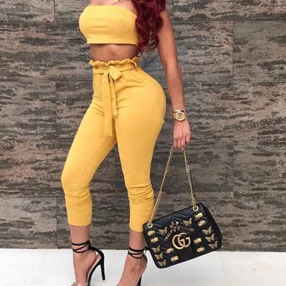 🔴Two Piece Suede Yellow Crop Top Romper Jumpsuit - Picture 3 of 5